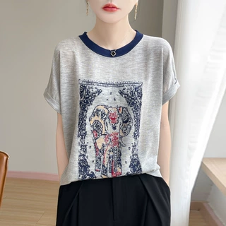 夏季款韩版针织衫时尚圆领拼色短袖针织衫女薄款宽松显瘦百搭T恤