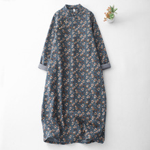 2025秋冬加厚碎花旗袍中国风盘扣复古连衣裙女装中长款加绒长裙