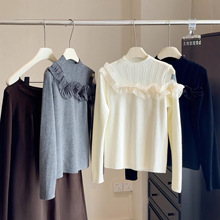 半高领甜美荷叶边拼接露肩针织衫女2025秋冬新款内搭打底毛衣上衣