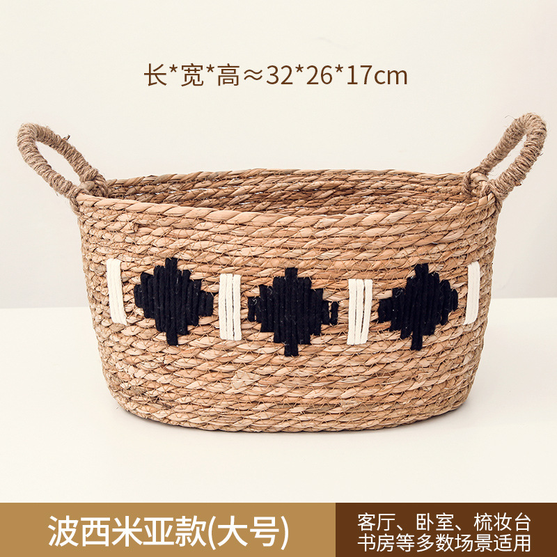 Cesta de almacenamiento doméstica tela de paja cesta de almacenamiento portátil estilo pastoral residencial artesanal tela de caña snack juguetes cesto de almacenamiento