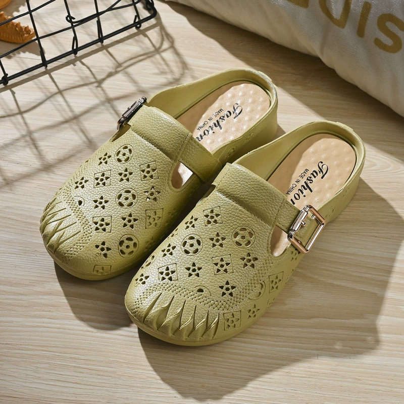 Новые плоские нескользящие закрытые тапочки для женщин среднего возраста, женские сабо на среднем каблуке из искусственной кожи.