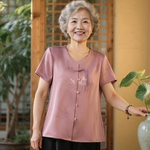 New Grandma Style Three-Quarter Sleeve Shirt for 60-70 Year Old Mothers, Summer Top for Middle-Aged and Elderly Women, T-Shirt Blouse