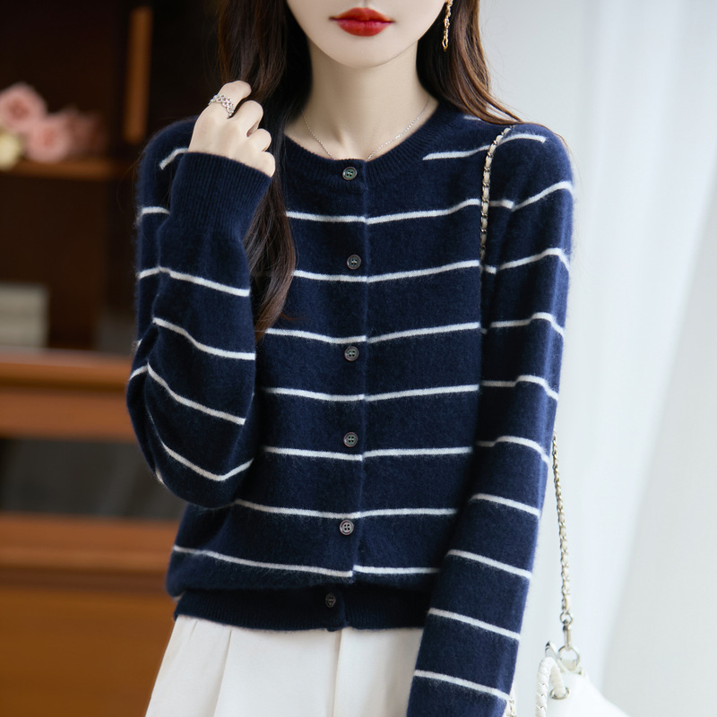 100% Pure Wool Sweater Women's Round Neck Pinstripes Cardigan Loose Outer Layering Shirt Autumn and Winter Contrasting Color Buttoned Sweater