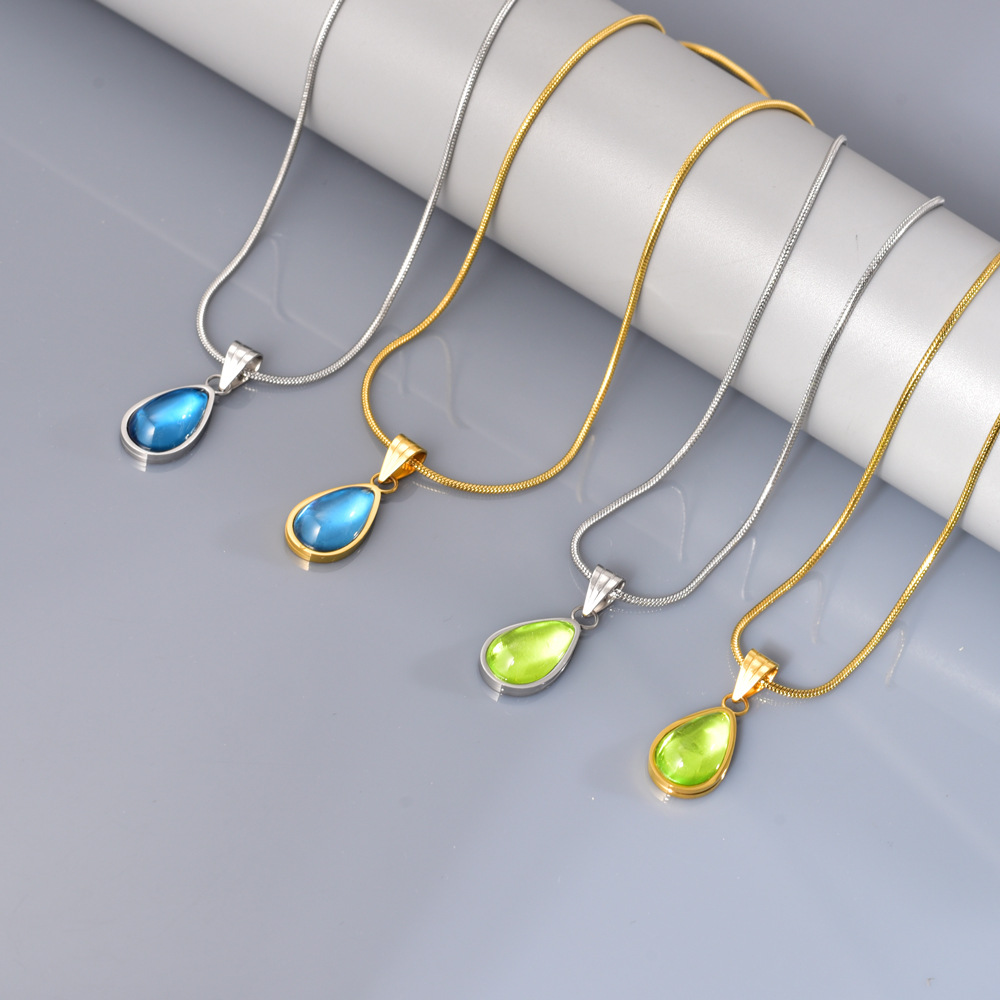 Blue marine necklace drop-shaped stainless steel