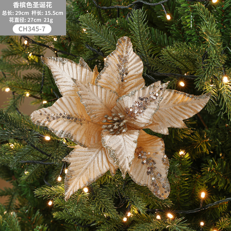 Navidad nueva flor de Navidad rojo flocado tela simulación brillo árbol de Navidad decoraciones Comercio exterior misma flor de Navidad