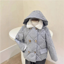 法单新款女大童灰色毛领连帽羽绒服