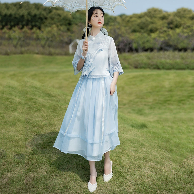 2023 Летний Новый китайский стиль Ретро модифицированный ханьфу китайский стиль костюм Тан с чернильным принтом Юбка Дзен Чайный костюм Фея