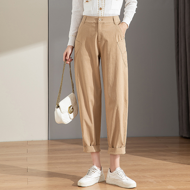 Quần chuối nữ ống rộng dáng thon gọn, cạp cao, chất cotton giặt thường, phong cách cổ điển — Màu Kaki