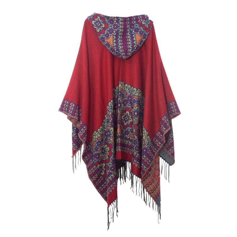 Cape à pompon unisexe Cape à capuche en jacquard de style ethnique automne-hiver_voghion.com