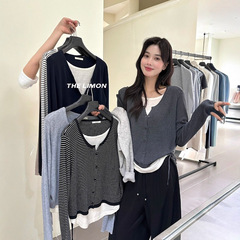 THE LIMON柠檬绿茶秋季女韩系设计感撞色收腰假两件长袖针织衫潮