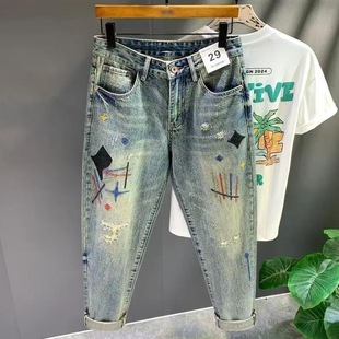 American-Style Heavy Retro Embroidered Jeans for Men, Trendy Loose Straight Tapered Pants, Korean Version Trendy Long Trousers