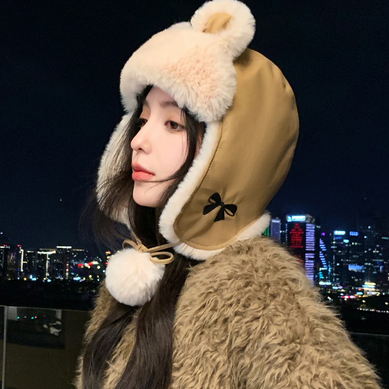 可爱小熊冬季帽子女加厚保暖雷锋帽骑行滑雪加绒护耳帽防风一体帽|undefined