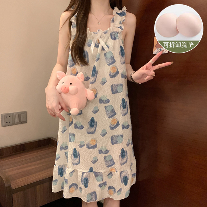 Camisón de verano las mujeres desmontable dulce Sling estudiante pijamas tejido burbuja algodón vestido desgaste en el hogar con el cojín del pecho