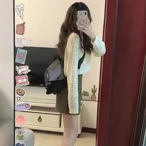 Knitted long-sleeve women's summer hollow-out versatile thin ice-silk relaxed-fit pullover with a stylish design—perfect for petite figures