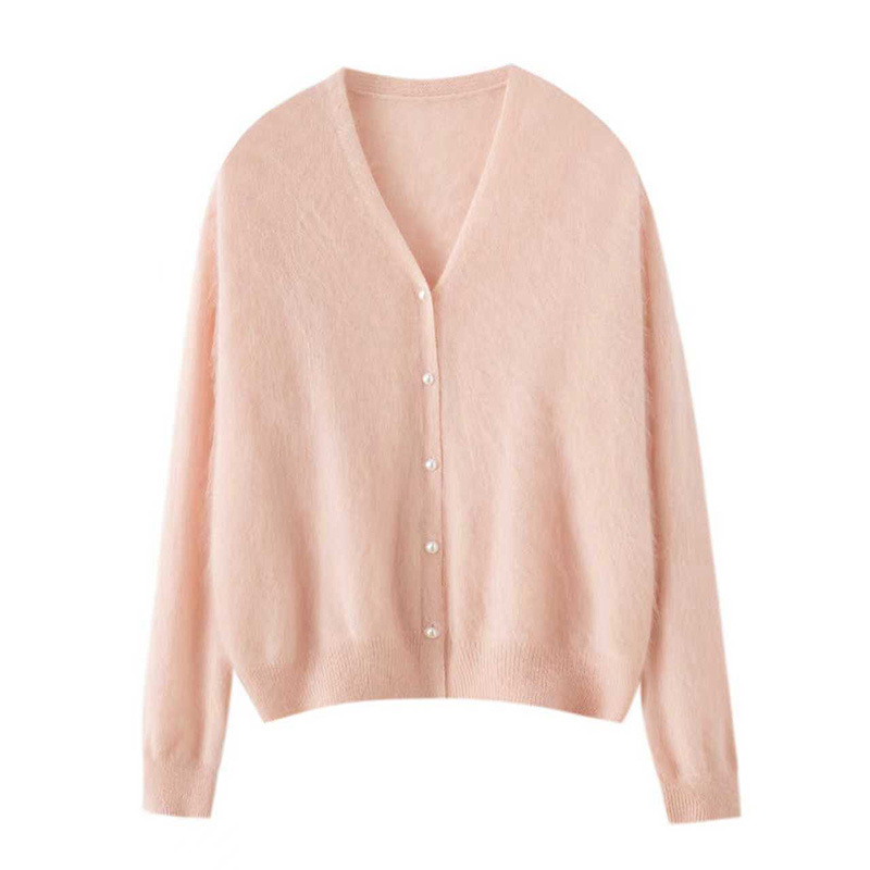 Brushed Autumn and Winter V Neck Pearl Button Cashmere Cardigan 100% Pure Cashmere Sweater Women's Versatile Knitted Jacket