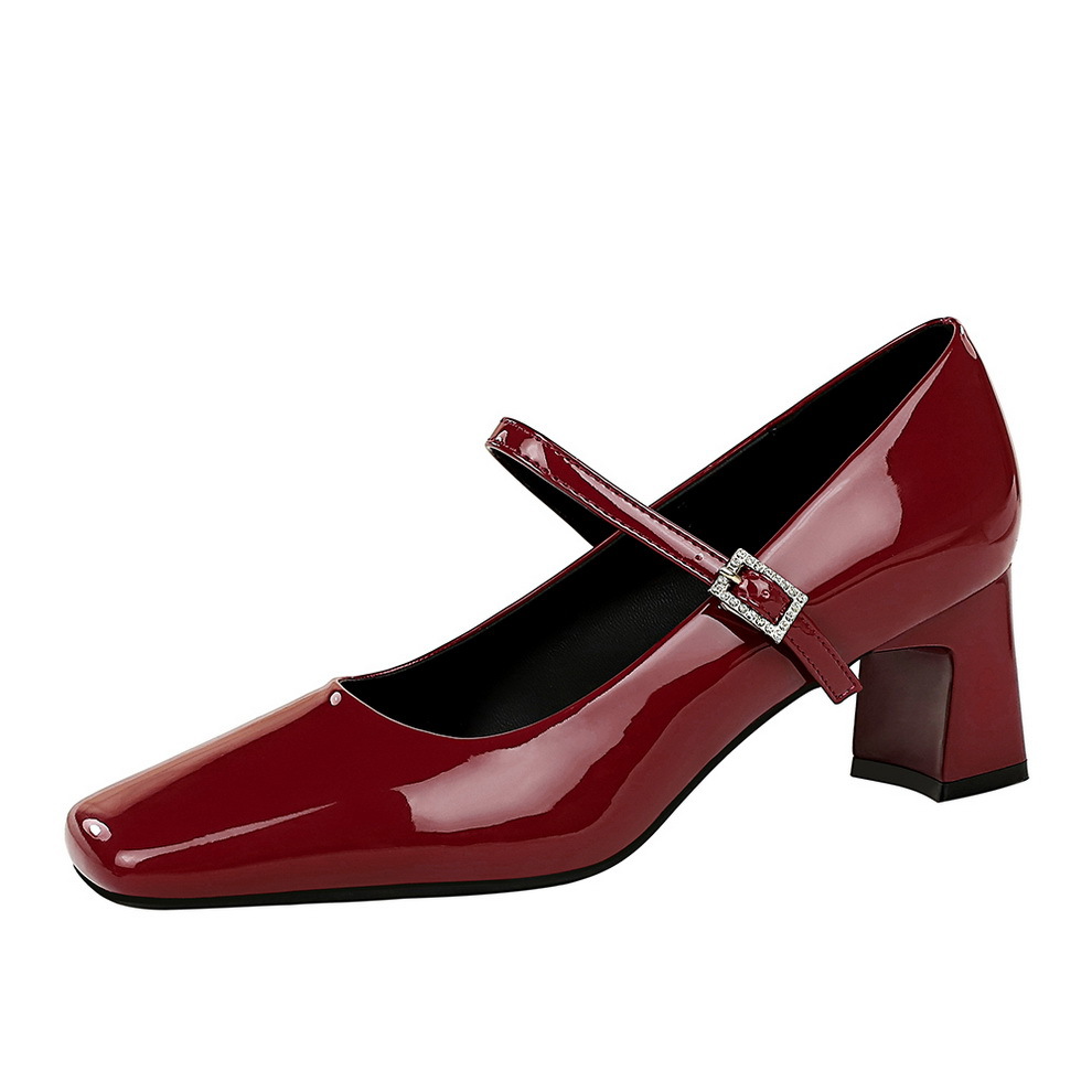 6292 European And American Style Elegant Women's Shoes With Rhinestone Straps, Square Toe, Patent Leather, Shiny Shallow_vogvips.com