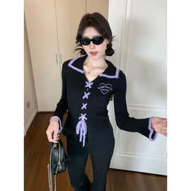 肥柒柒大码女装黑紫甜酷修身针织开衫显瘦百搭胖MM藏肉针织衫女