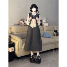 秋冬季两件套韩版甜美立体兔子设计感针织背心连衣裙+边衬衫