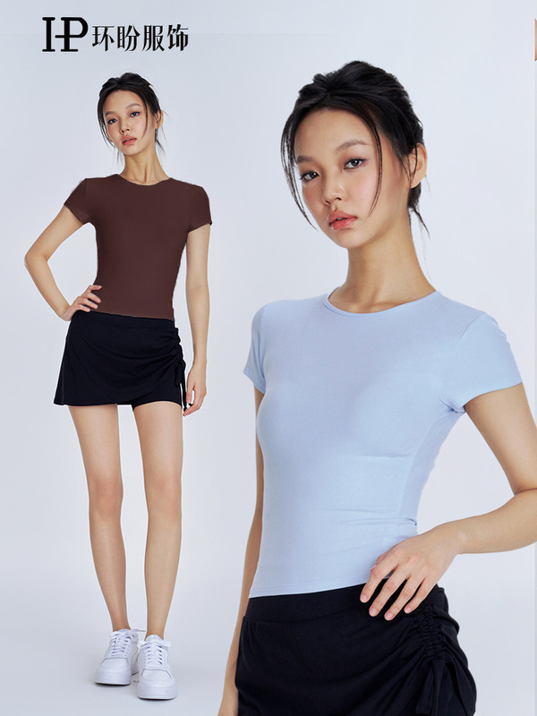 Huankan ファッショナブルなヌードランニングヨガ T シャツ、女性用、薄手、スリムフィット、スポーツ半袖、エレガントなラウンドネック、女性用フィットネスウェア|undefined