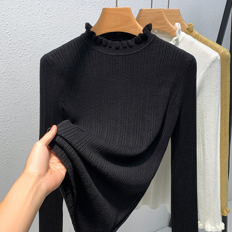 Cuello con volantes punto camisa de fondo para las mujeres 2023 nuevas color sólido suave glutinoso suéter caliente Cintura interior apretado top image 4