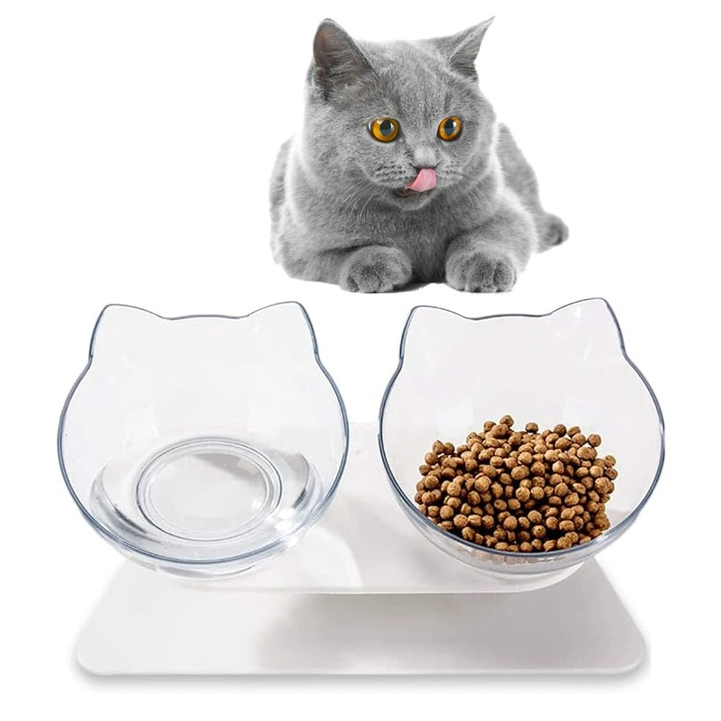 Миска для кошек, защита шеи, наклонный рот, противоскользящая прозрачная двойная миска с кошачьими ушками, встроенная миска для питьевой воды, кормушка для домашних животных, трансграничная Amazon