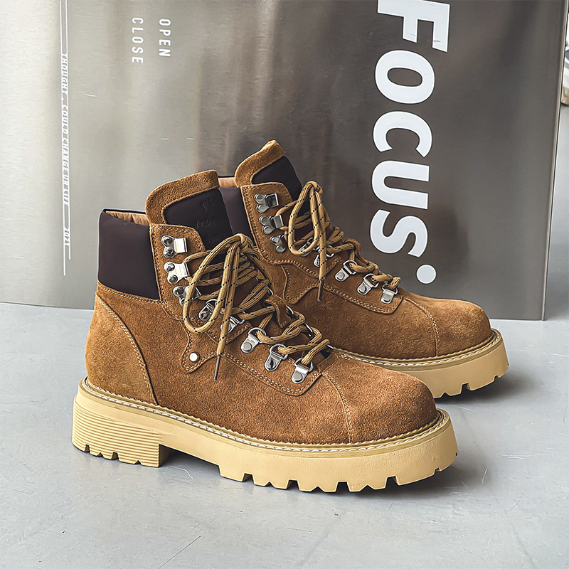 Cowhide autumn and winter men's work boots new retro couples to increase big yellow boots men's shoes_voghion.com