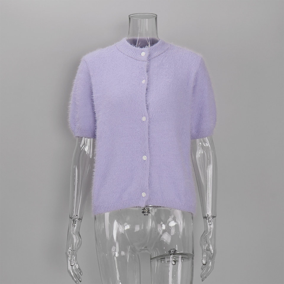 Áo cardigan dệt kim tay ngắn cổ bán cao ôm dáng phong cách retro — Màu hồng, Màu hồng cánh sen, Màu trắng, Màu tím chi tiết 62