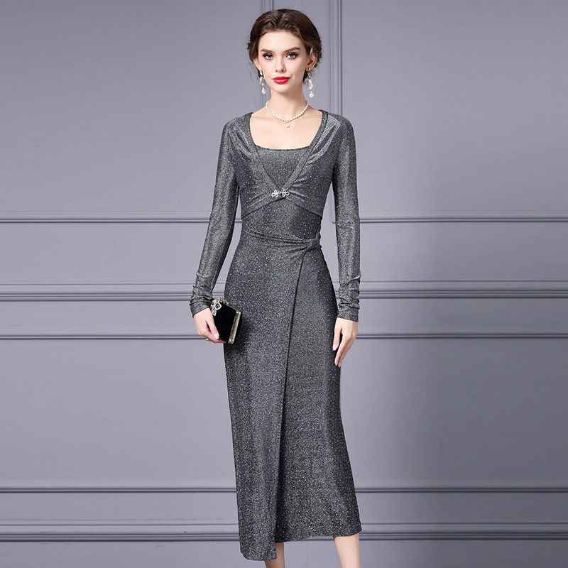 Zhili Spring Dress for Women, Long-Sleeved, High-End, Super Beautiful, Silver Shiny Silk Long Light Dress, 2026 New Model