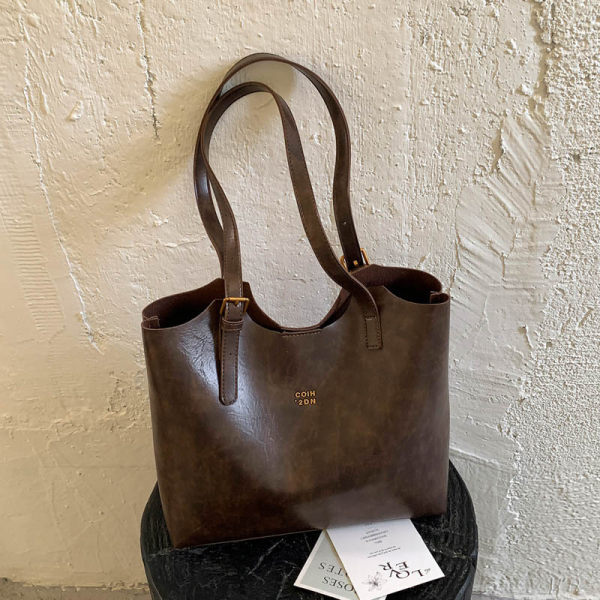 Túi tote nữ cỡ lớn phong cách retro, đựng nhiều đồ, có quai đeo vai và kẹp nách — Màu cà phê PU, PU đen, màu cà phê, đen