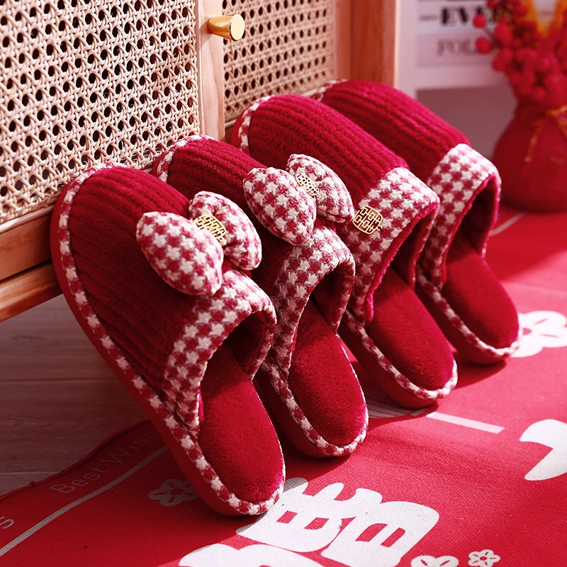 Свадебные тапочки, праздничные красные, пара, зимние, теплые, для жениха и невесты, нарядные, нескользящие, хлопковые, для дома