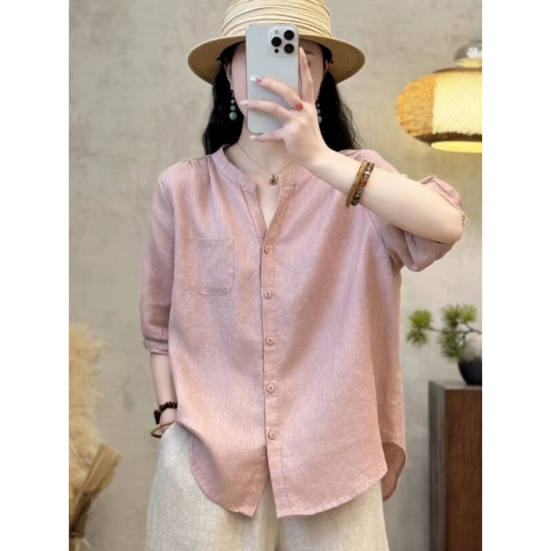 Linen Collar Mid-Sleeve 2025 Summer Breathable Solid Color Versatile Loose Fashion Shirt Casual Artistic Slimming