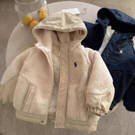 儿童男童加厚外套棉服加绒2025冬季羊羔女童新款连帽上衣毛衣现货