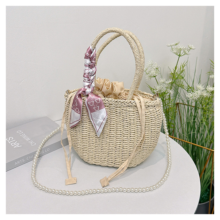 Women's Medium Straw Solid Color Flower Vacation Beach Beading Weave Square String Straw Bag display picture 10
