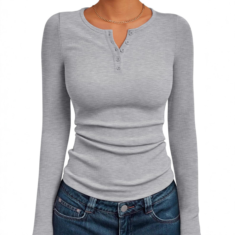 European and American Amazon's Popular Autumn and Winter Women's Knitted Long-Sleeve Tops with Buttons, Ribbed Slim-Fit Base T-Shirts