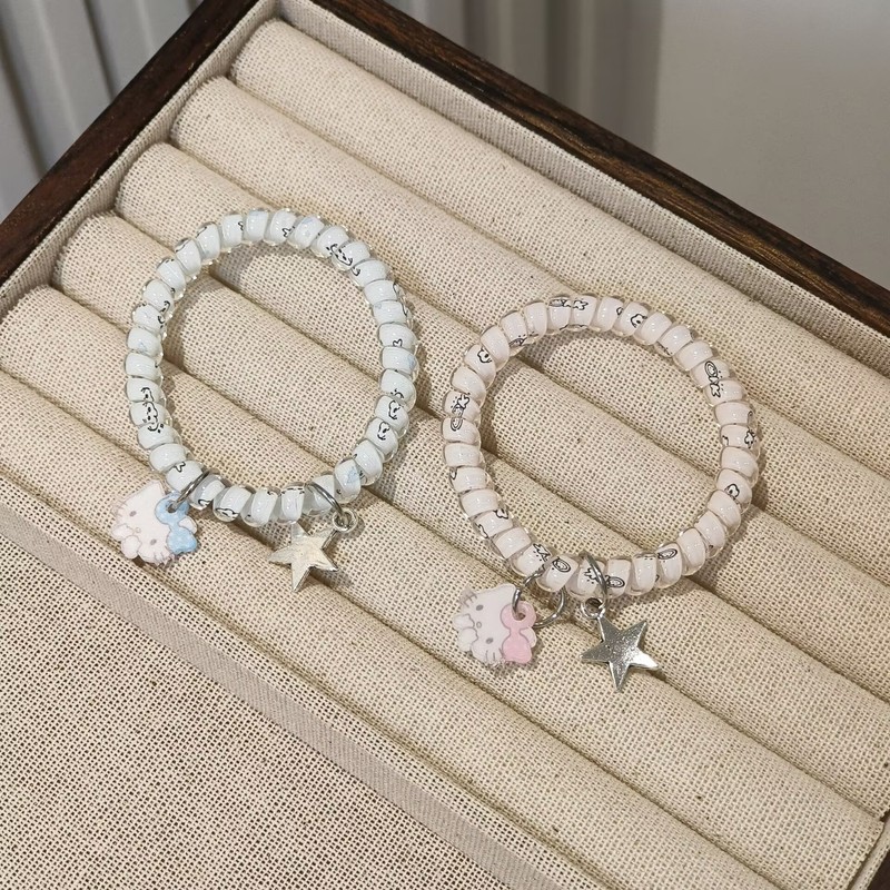 蓝粉色吊坠猫咪星星印花电话线发圈高弹力无痕发绳甜美可爱发饰|undefined