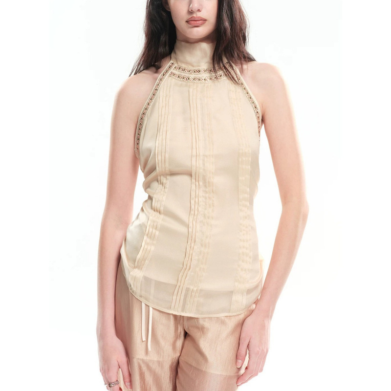 Tengjie's Same Style Dotyer Rhinestone Back-Tie Gold Top 2026 Summer New Halter Neck Tank Top