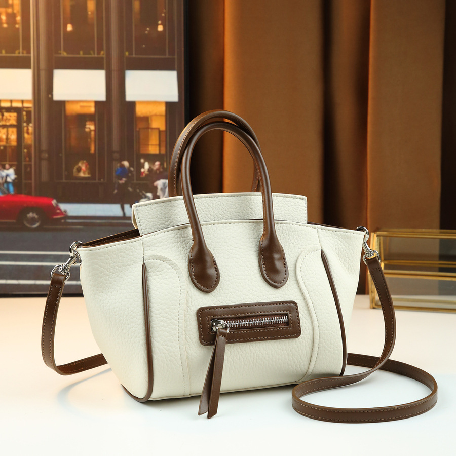 Women's Retro Handbag Color Block Lychee Pattern Smiley Face Large Capacity PU Leather Shoulder Crossbody Tote Bag For Commuting_voghion.com