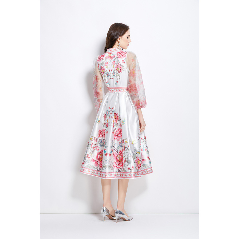 Cross-Border Export 2025 Spring New V Neck Ethnic Style Printed Satin Wrap Long Dress