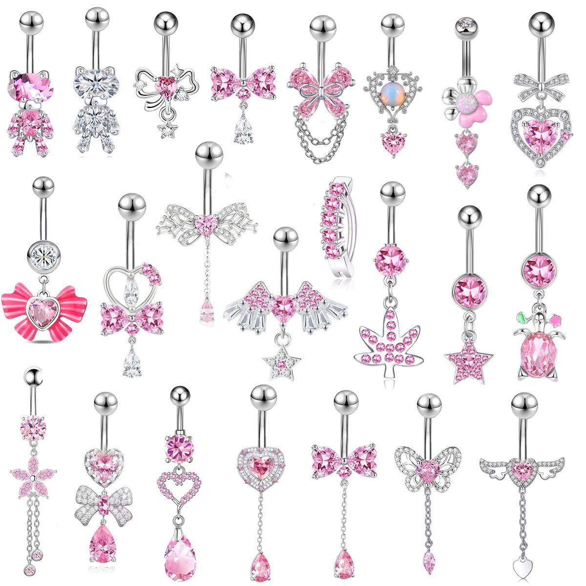Stainless Steel Belly Button Ring With Pink Zircon Flower Charm_voghion.com