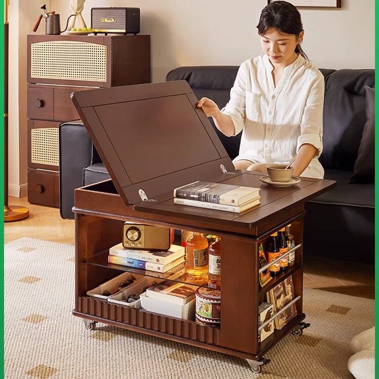 Solid Wood Folding Coffee Table, Small Apartment Side Cabinet, Removable Trolley, Home Sofa Side Table, Multi-Functional Storage Rack