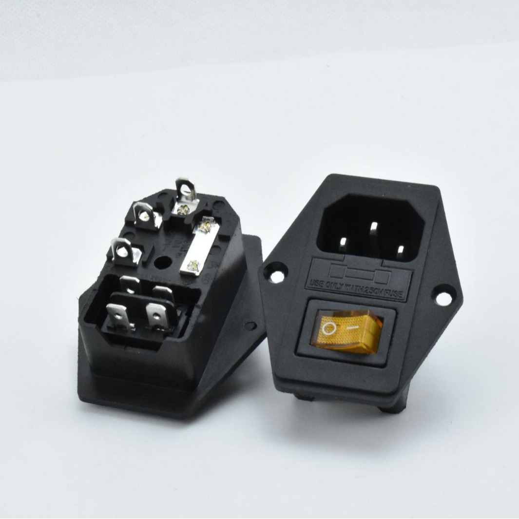 AC电源插座 AC-01A 带开关保险丝插座 AC三合一插座 黄色四脚带灯