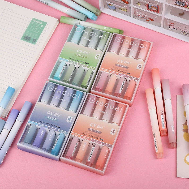 Fluorescent Gradient Highlighter Set, 4‑Pack Pastel Shades, large-capacity & eye-friendly