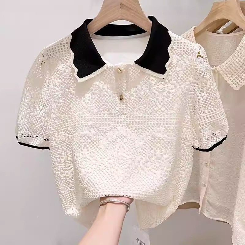 Wholesale Color-Blocked Doll Collar Short-Sleeve Lace T-Shirt for Women, New Summer Stylish Slim-Fit Top, Ladies' Blouse
