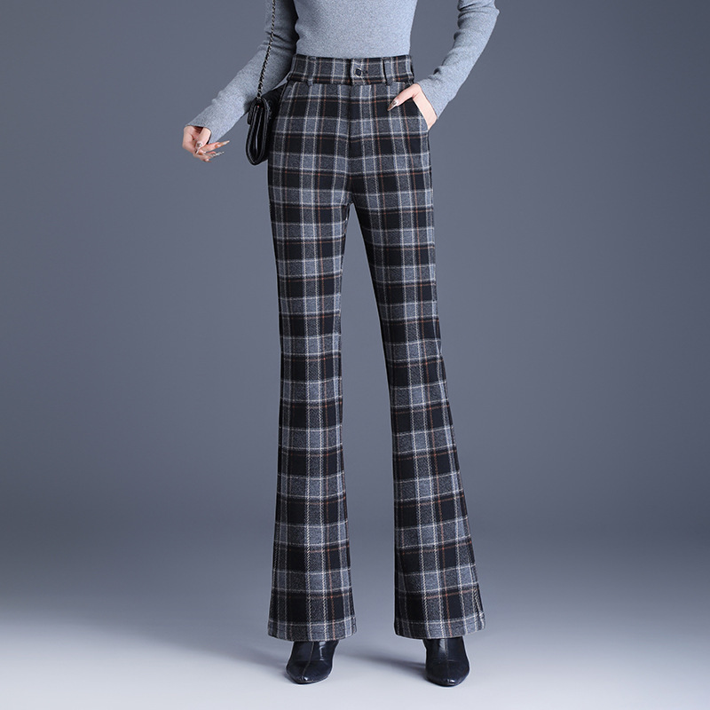 British-Style Plaid Pants for Women, Thickened for Autumn and Winter 2025, High-Waisted, Casual, Flared, Slimming, Woolen Long Pants