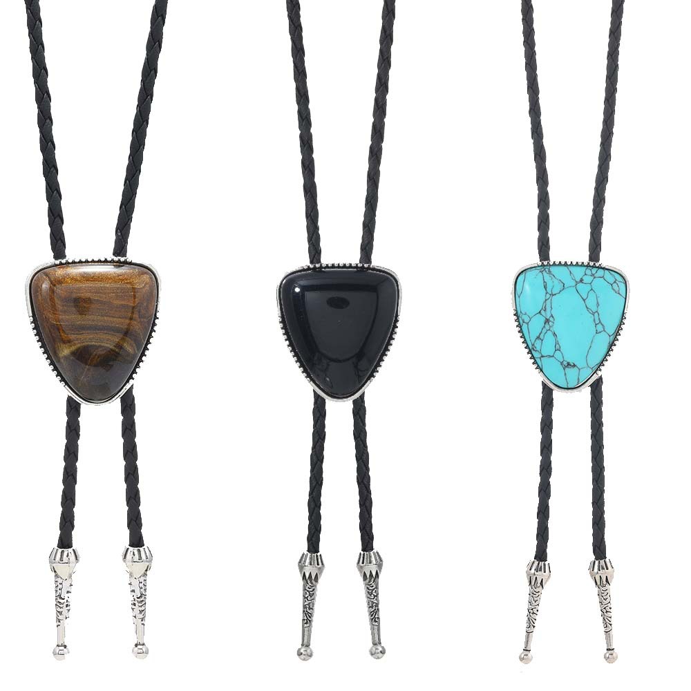 Cross-Border Gemstone Necklace Bolo Tie Fashion Triangular Black Green Blue Western Cowboy Bolo Tie Men's Necklace