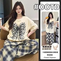 带胸垫新款睡衣女2025夏季短袖长裤卡通蝴蝶结女孩家居服可外穿