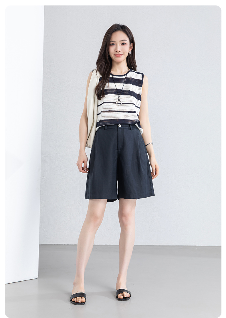 Quần short nữ cạp cao dáng chữ A ống rộng chất liệu linen phối lụa thoáng mát — màu xanh navy chi tiết 21