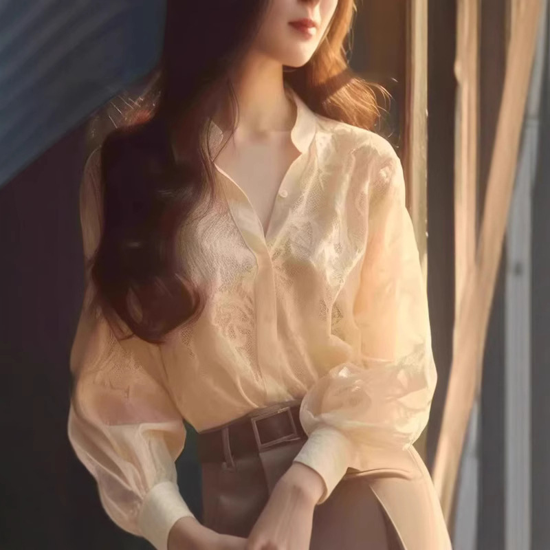 2654 Popular Beautiful Lace Hollow Shirt with Croquet French Style Chic Beautiful Silk Chiffon Long Sleeve Shirt for Autumn Women