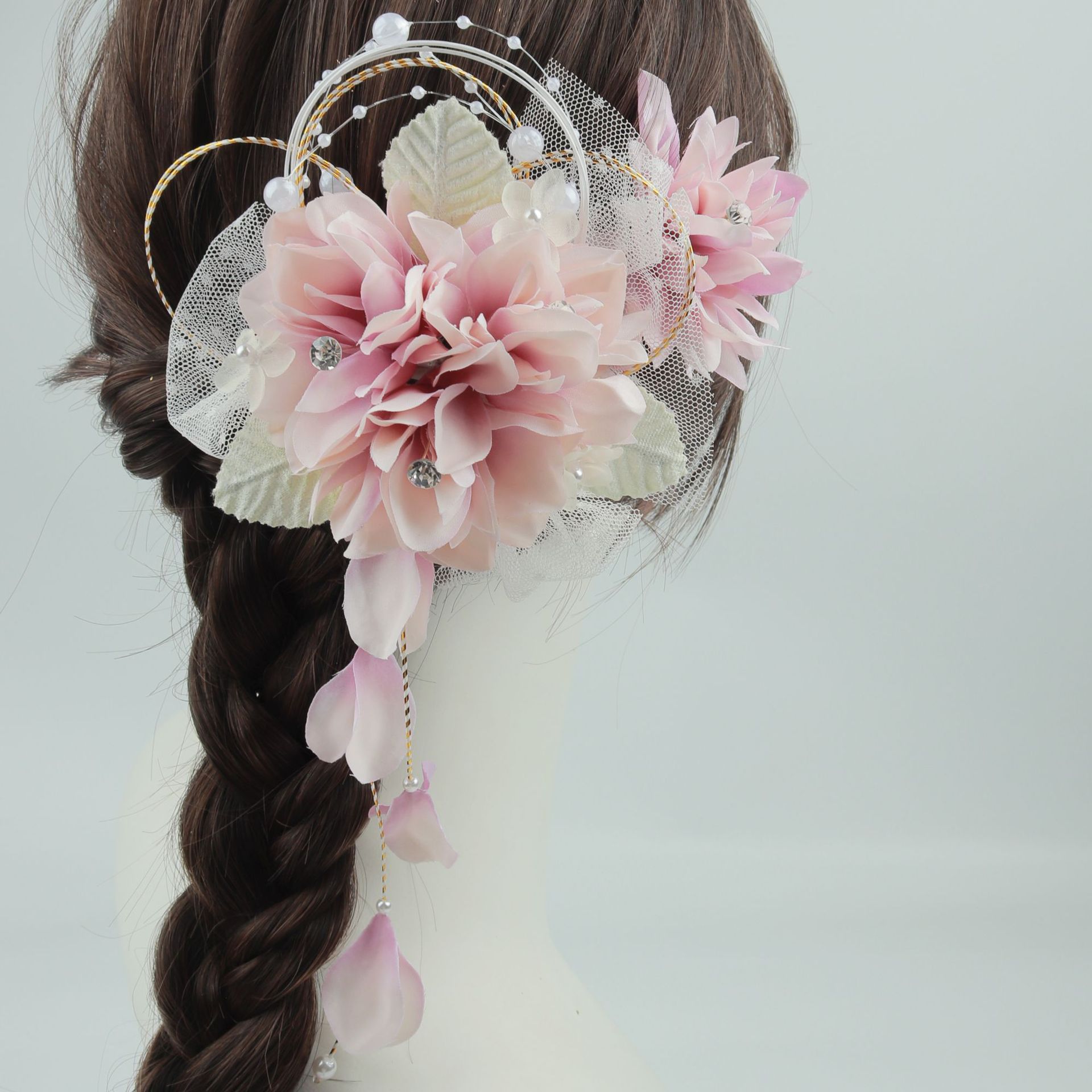 Japanese-Style Girl Kimono Hair Accessory Pink Mesh Tulle Flower Tassel Hairpin Yukata Outdoor Photo Shoot Fairy-Like Floral Hair Accessory