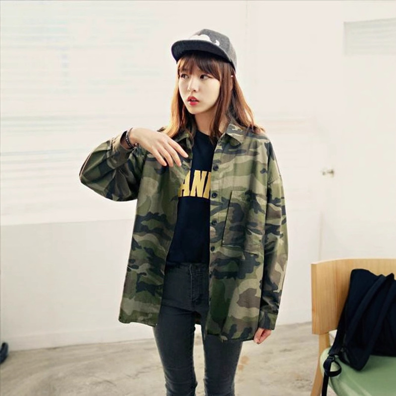 Spring New Women's College Style Camouflage Top Handsome Military Style Shirt Wholesale Fashion Lapel Early Spring